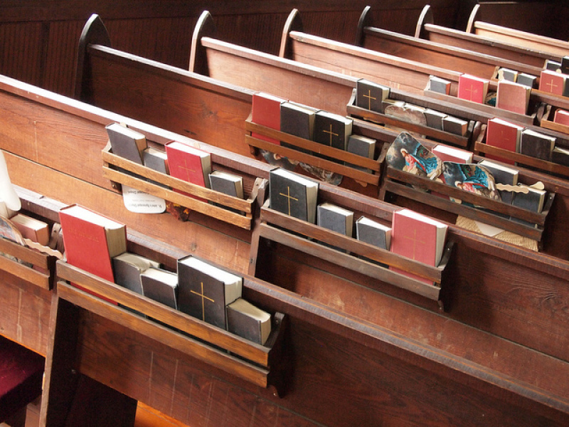 Church pews hymnal Bible
